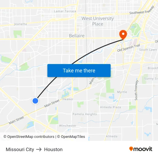 Missouri City to Houston map