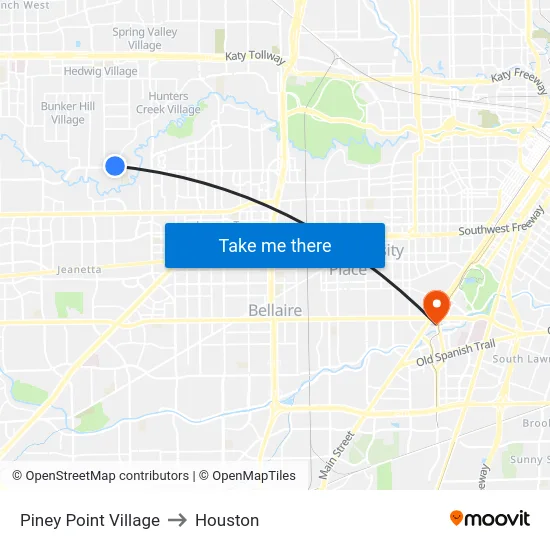 Piney Point Village to Houston map