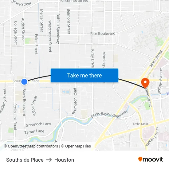 Southside Place to Houston map