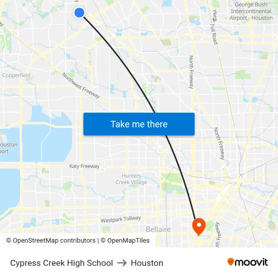 Cypress Creek High School to Houston map