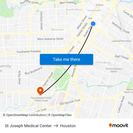 St Joseph Medical Center to Houston map