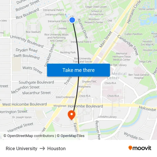 Rice University to Houston map