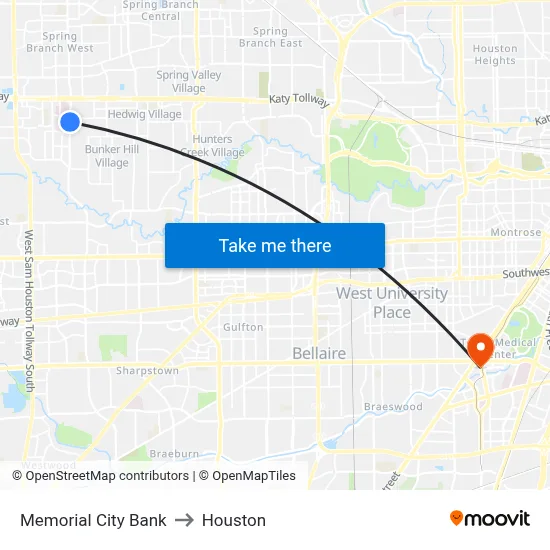 Memorial City Bank to Houston map