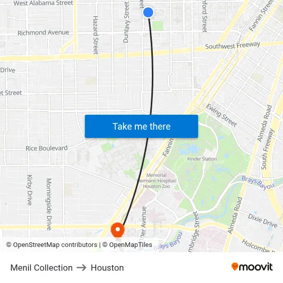 Menil Collection to Houston map