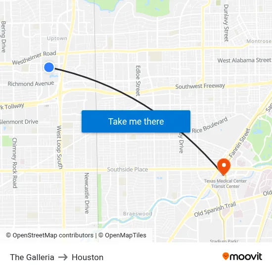 The Galleria to Houston map