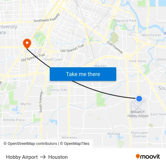 Hobby Airport to Houston map