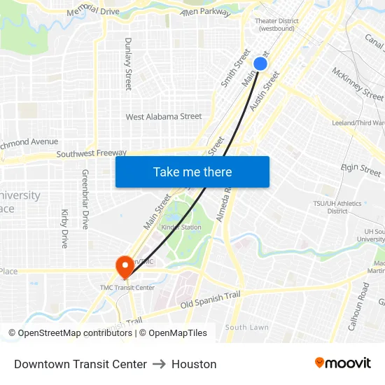 Downtown Transit Center to Houston map