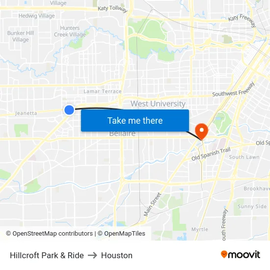 Hillcroft Park & Ride to Houston map
