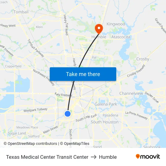 Texas Medical Center Transit Center to Humble map