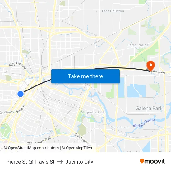 Pierce St @ Travis St to Jacinto City map