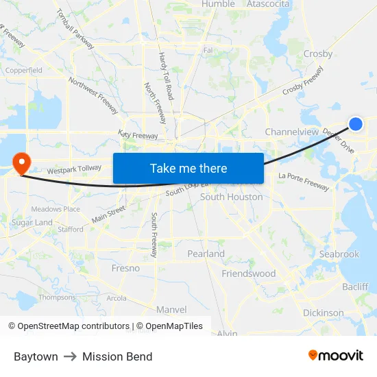 Baytown to Mission Bend map