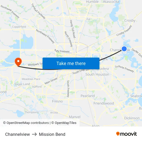 Channelview to Mission Bend map