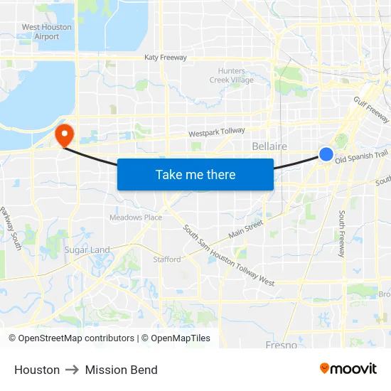 Houston to Mission Bend map
