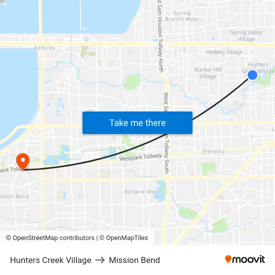 Hunters Creek Village to Mission Bend map