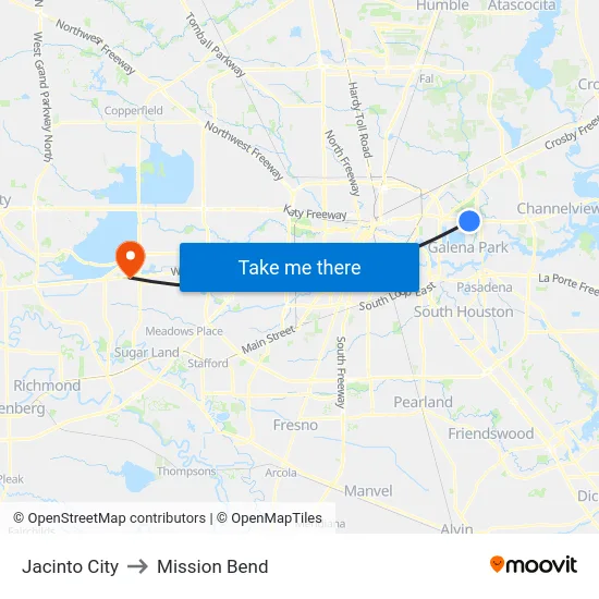 Jacinto City to Mission Bend map