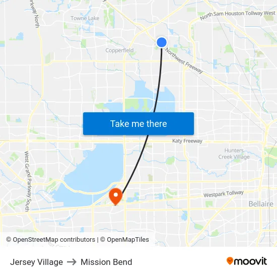 Jersey Village to Mission Bend map