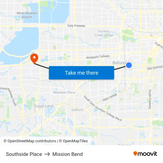 Southside Place to Mission Bend map