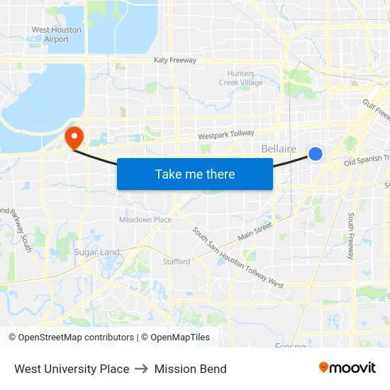 West University Place to Mission Bend map