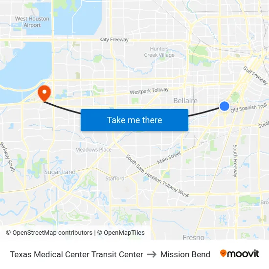 Texas Medical Center Transit Center to Mission Bend map