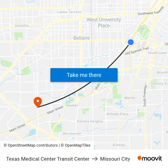 Texas Medical Center Transit Center to Missouri City map
