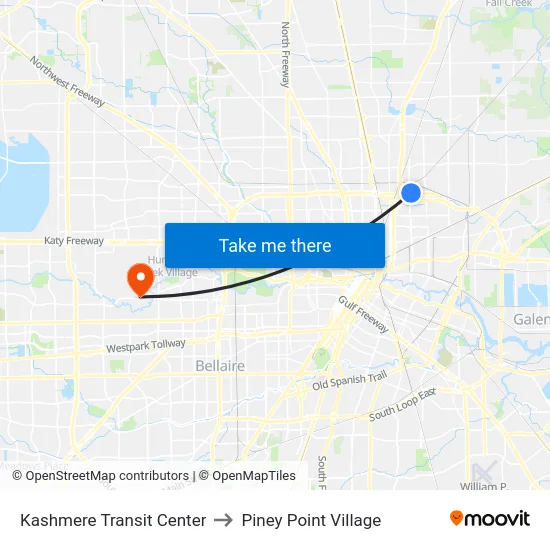 Kashmere Transit Center to Piney Point Village map