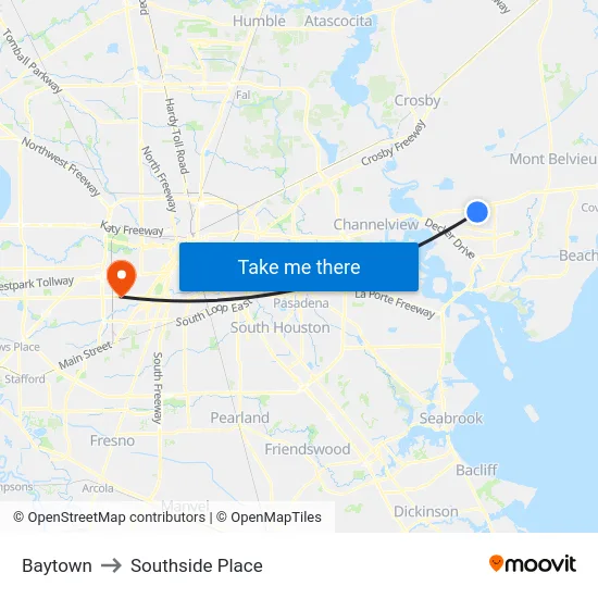 Baytown to Southside Place map