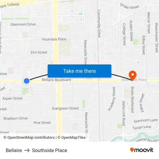 Bellaire to Southside Place map