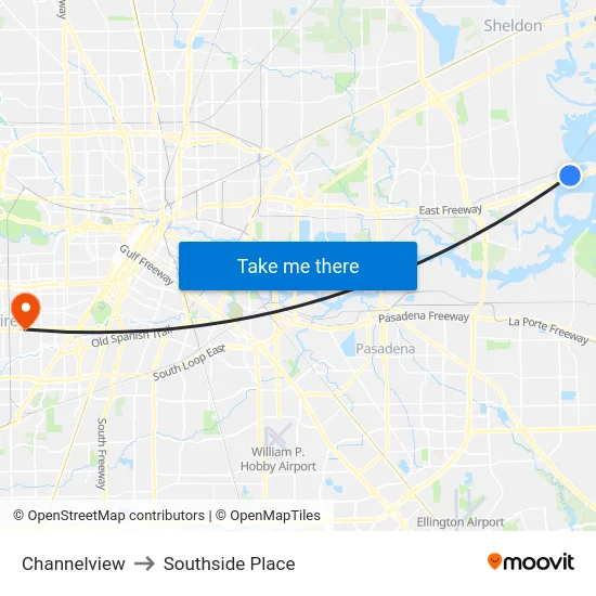 Channelview to Southside Place map
