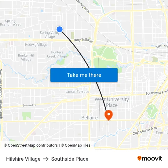 Hilshire Village to Southside Place map