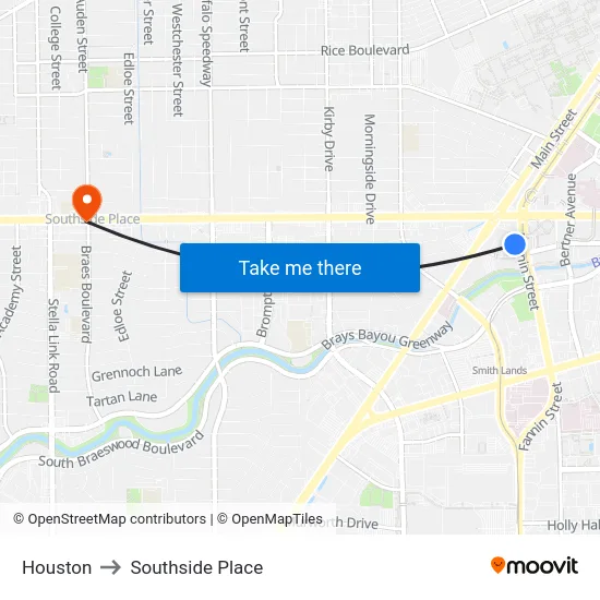 Houston to Southside Place map