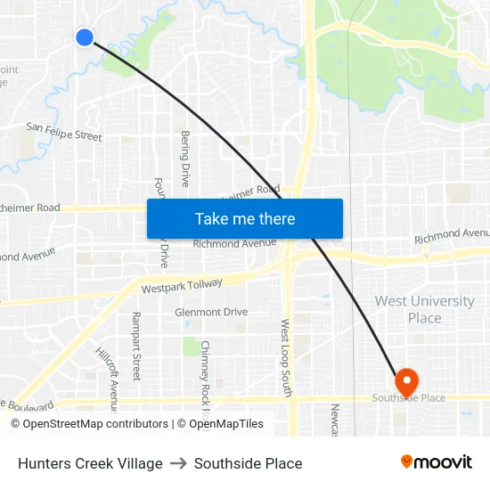 Hunters Creek Village to Southside Place map