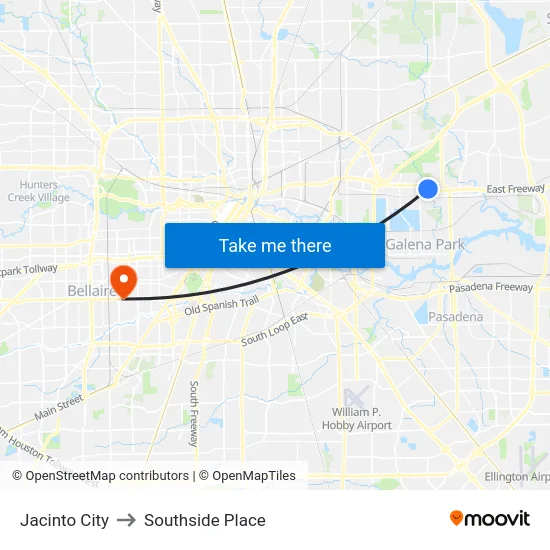 Jacinto City to Southside Place map
