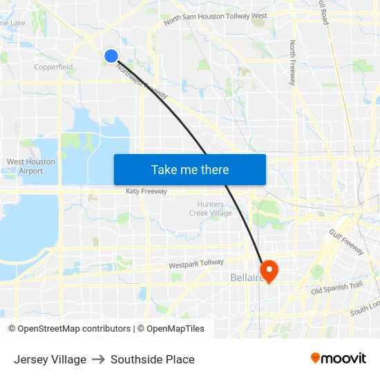 Jersey Village to Southside Place map