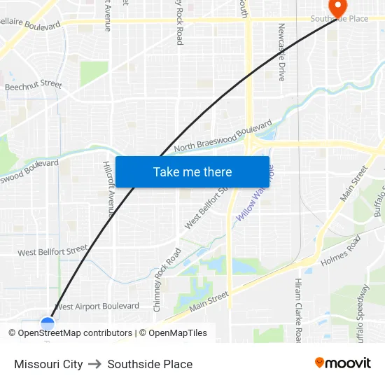Missouri City to Southside Place map