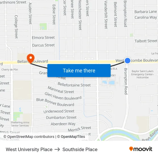 West University Place to Southside Place map