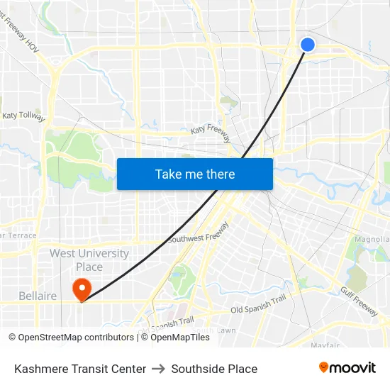 Kashmere Transit Center to Southside Place map