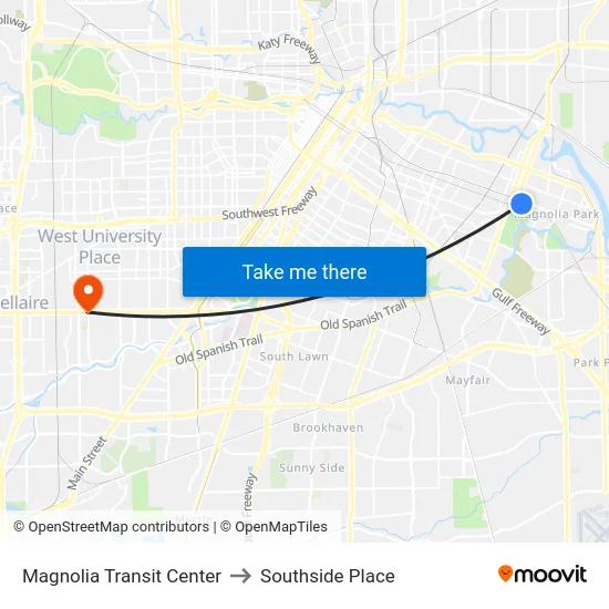 Magnolia Transit Center to Southside Place map