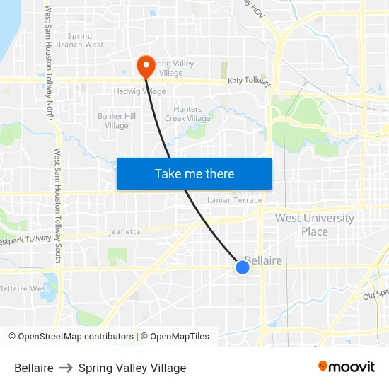 Bellaire to Spring Valley Village map
