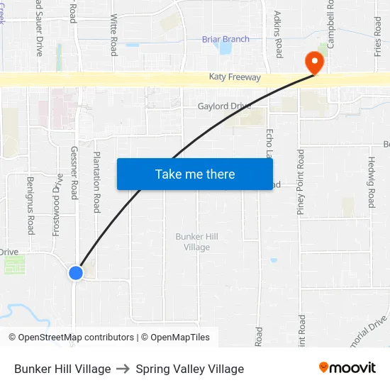 Bunker Hill Village to Spring Valley Village map