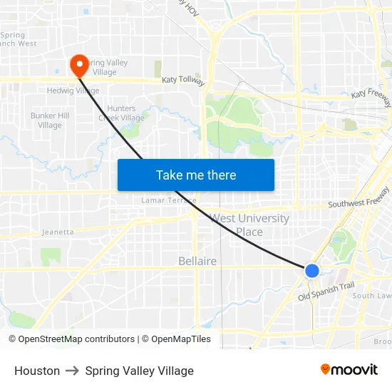 Houston to Spring Valley Village map