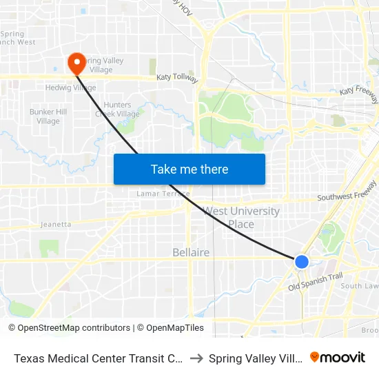 Texas Medical Center Transit Center to Spring Valley Village map