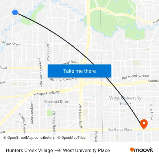 Hunters Creek Village to West University Place map