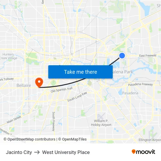 Jacinto City to West University Place map