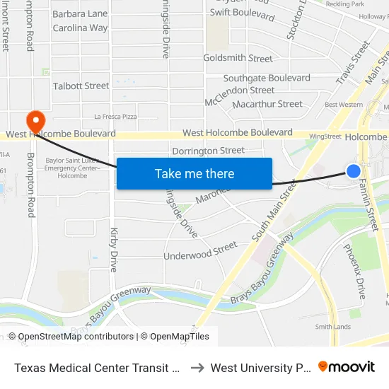 Sugar Land Houston Texas to West University Place map