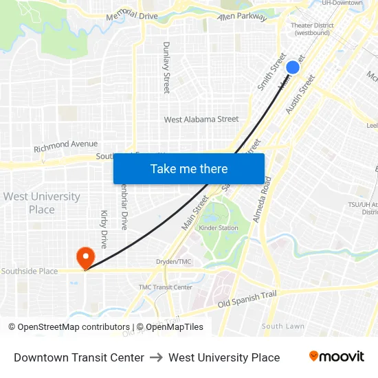 Downtown Transit Center to West University Place map
