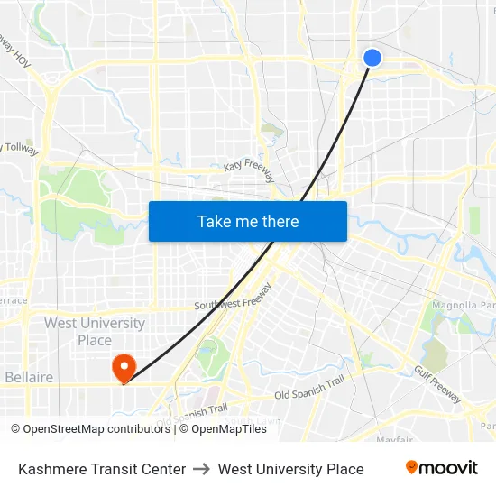 Kashmere Transit Center to West University Place map