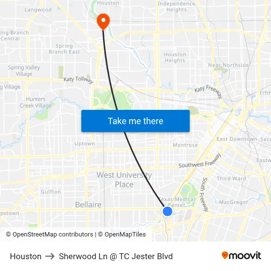 Houston to Sherwood Ln @ TC Jester Blvd map