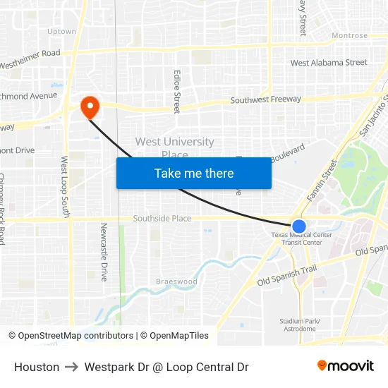 Houston to Westpark Dr @ Loop Central Dr map