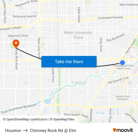 Houston to Chimney Rock Rd @ Elm map