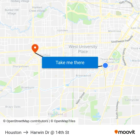 Houston to Harwin Dr @ 14th St map